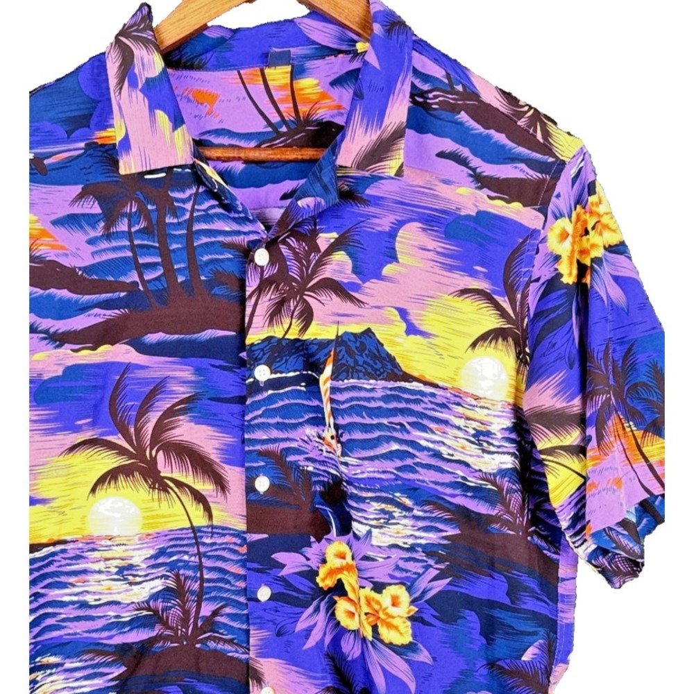 Design in Italy Tropical Sunset Palm Tree Hawaiian Camp‎ Shirt Purple Medium M